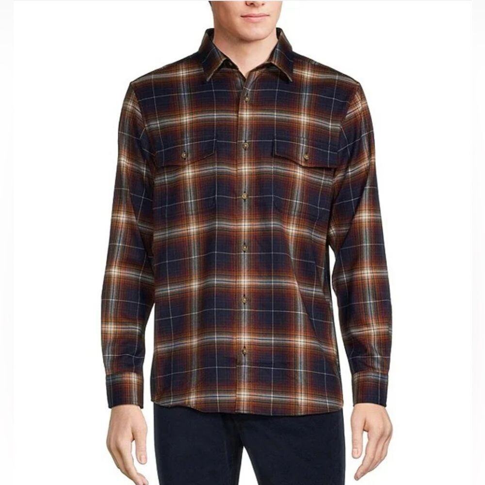 ROWM Long Sleeve Jaspe Dark Large Plaid Button Down Blue Brown Shirt 2XT